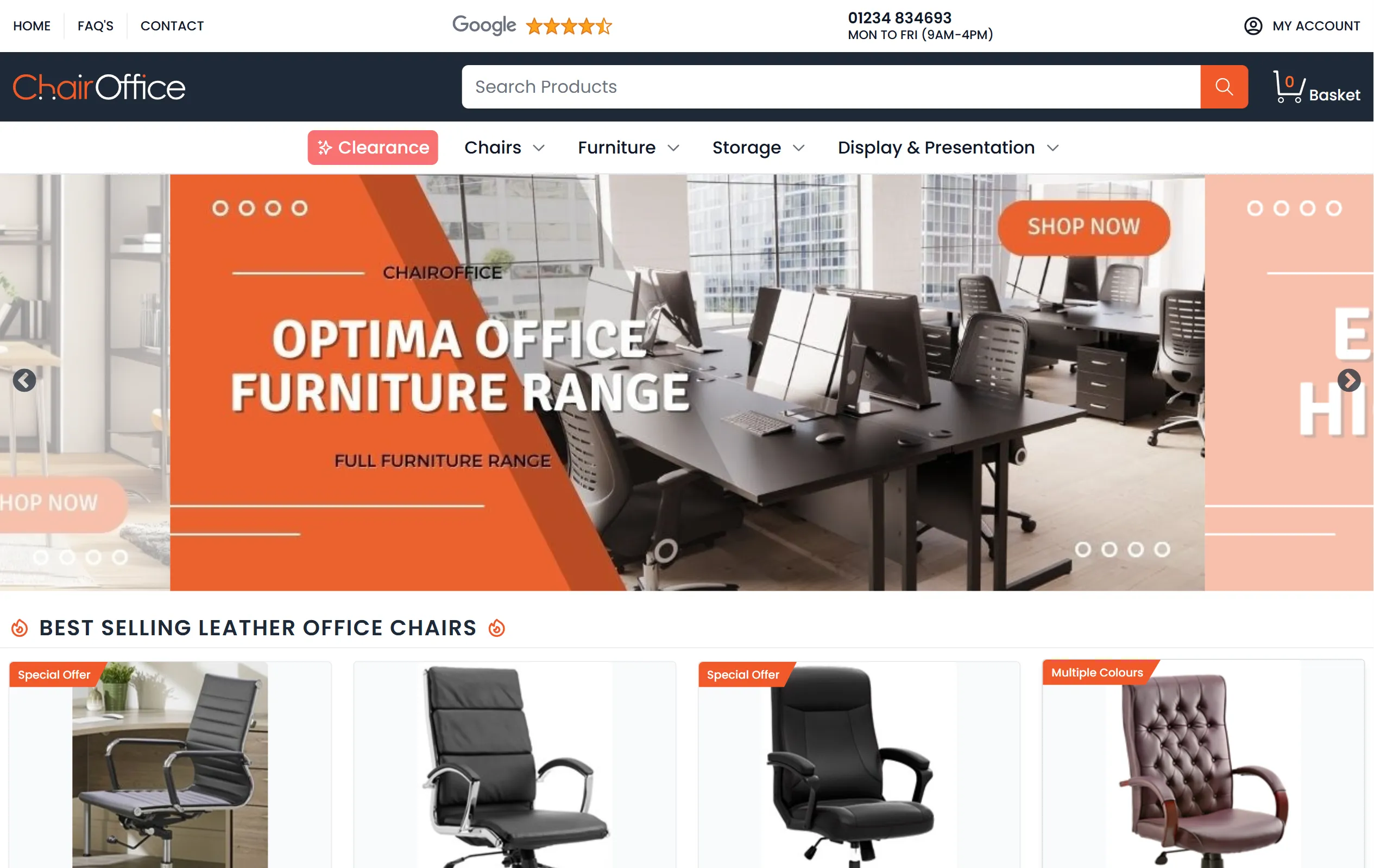The ChairOffice home page with best-selling leather office chairs