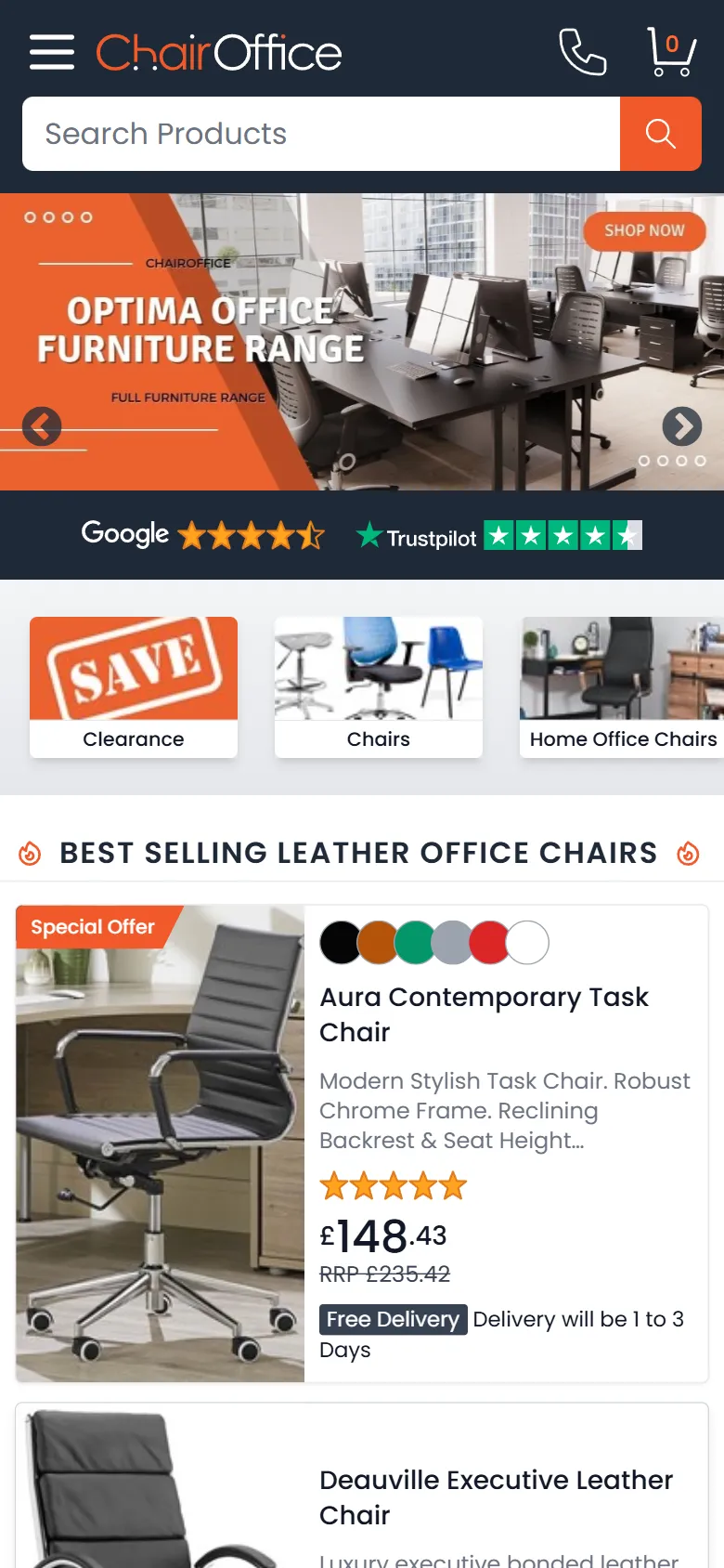 The ChairOffice mobile store showing best-selling chairs with prices