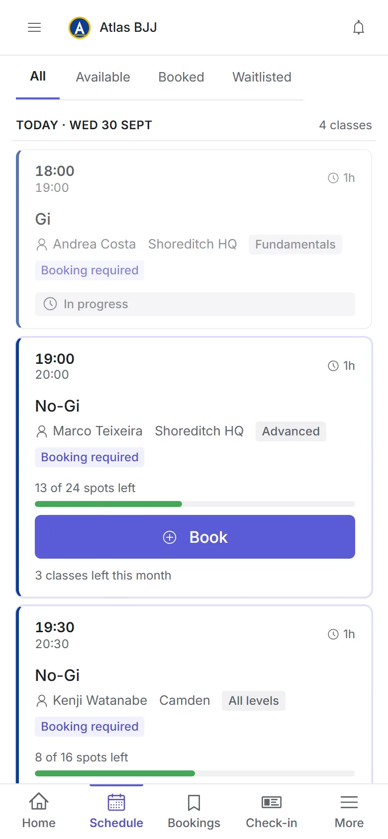 The Jitsunami+ member app showing the class schedule with book buttons