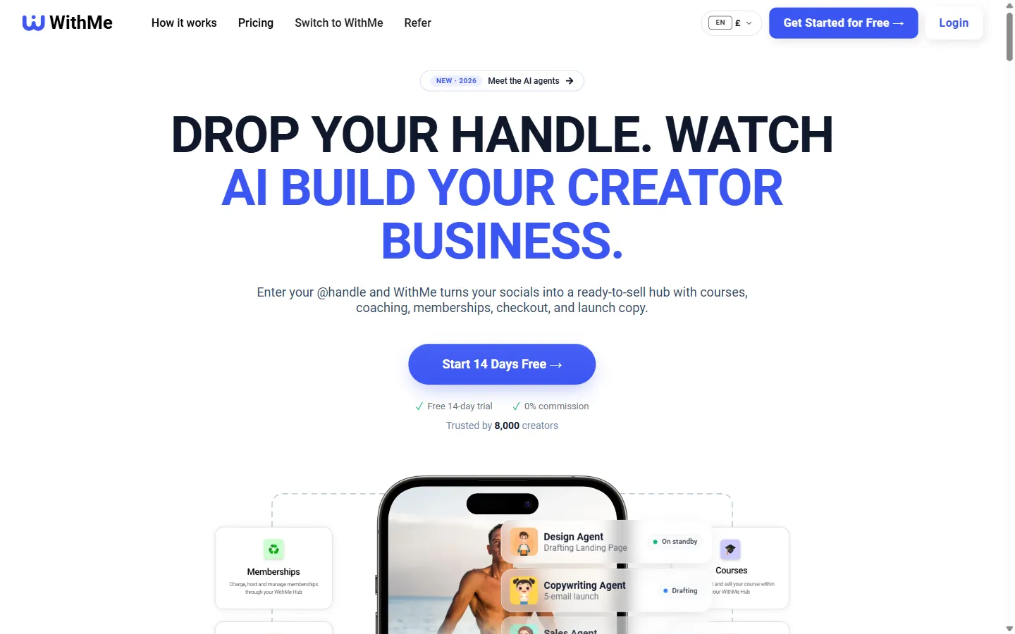 The WithMe home page: drop your handle, watch AI build your creator business